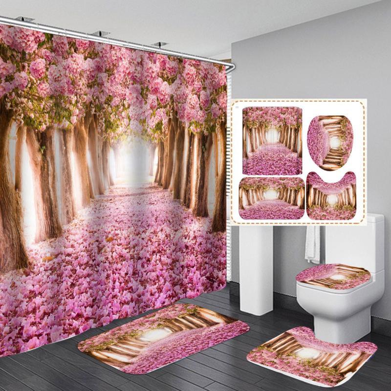 

4Pcs Bathroom Sets Non-Slip Sakura Scenic Bath Mat Coral Fleece Shower Curtain Floor Mat Washable Bathroom Toilet Rug Dropship, 01