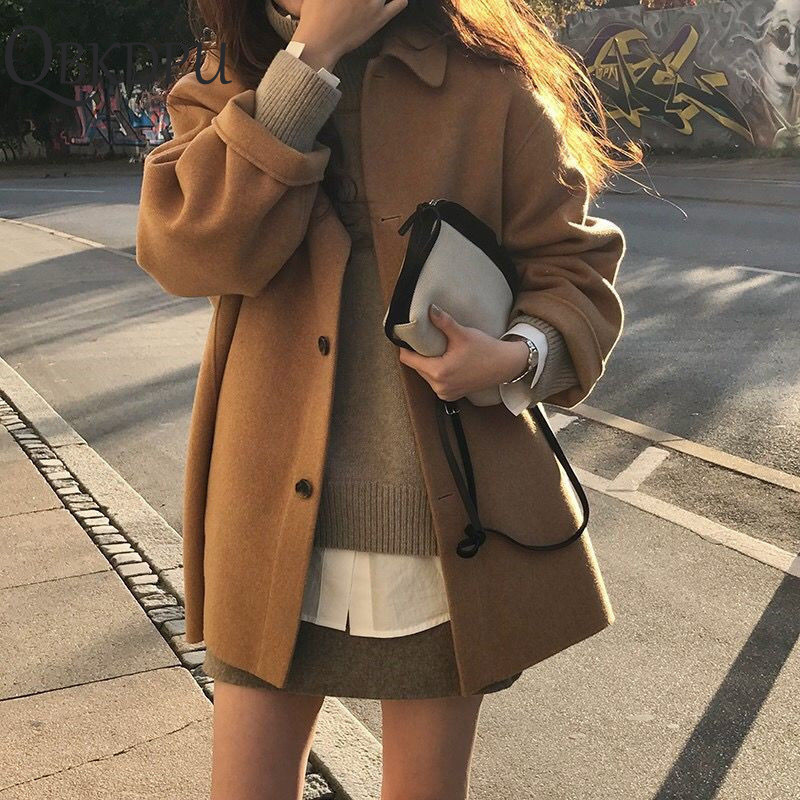 Spring Autumn woolen Single-breasted coat female Mid-Long New Korean temperament women popular Outerwear woolen coat Streetwear Y201001