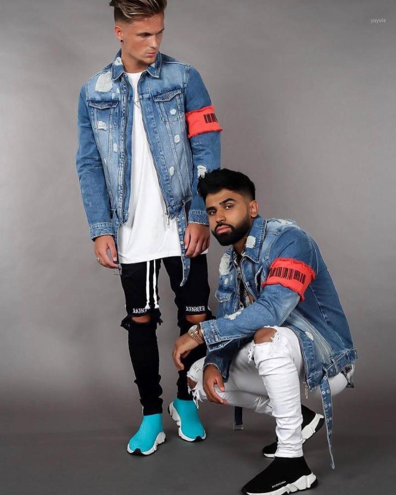 

Men's Jackets Slim Fit Chaqueta Jean Hombre Blue Denim Hole Jacket Men Printing Jeans Worn Out Splice Veste En Jean1