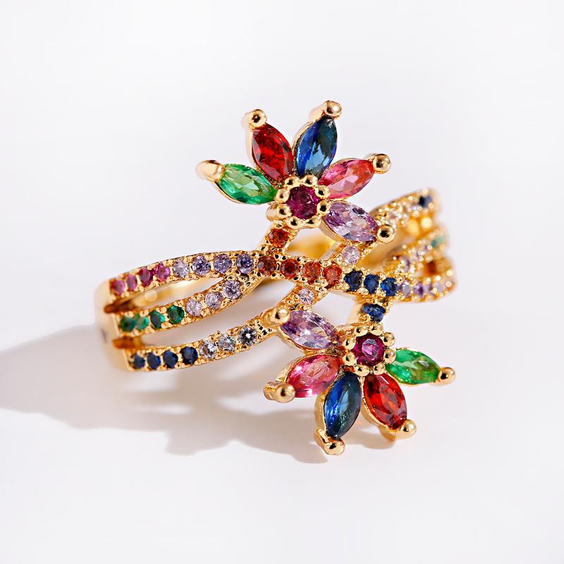 

Cluster Rings Top Quality Colorful Rainbow CZ Gold Ring For Women Girls Fashion Engagement Wedding Band Charm Party Jewelry Flower