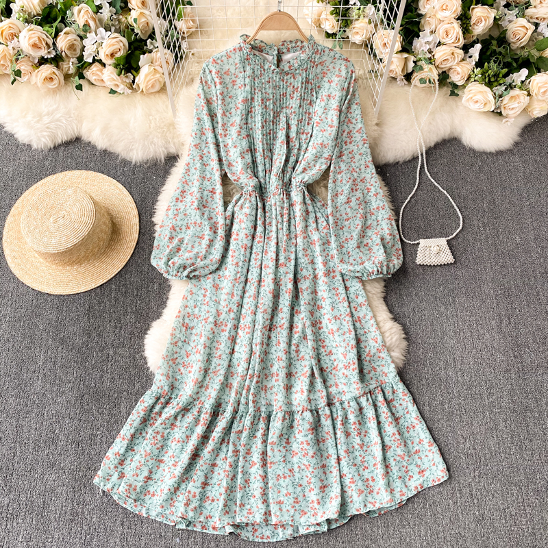

2021 New Vintage spring puff feminine neck the line dress floral holiday dressed printing RO42, Apricot-red