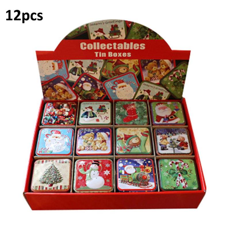 

12PCS Christmas Gift Tin Box Metal Package Wedding Party Candy Baking Cookies Biscuit Case Gift Container Christmas Decoration
