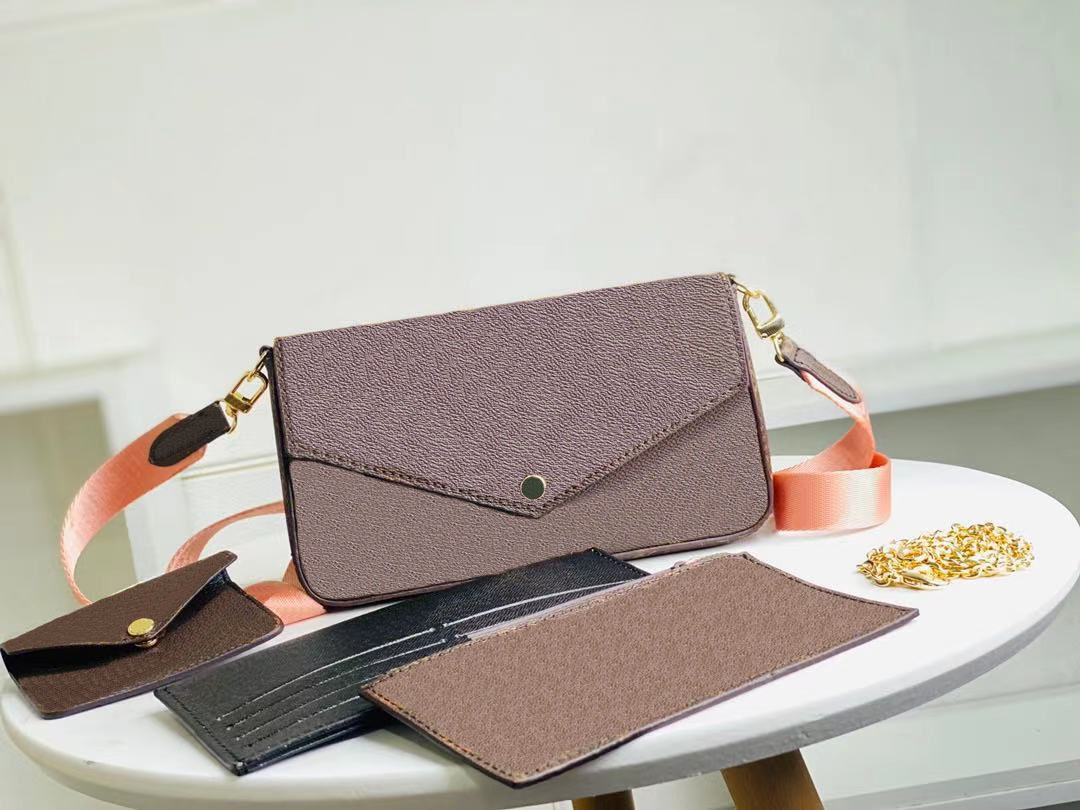 

2020 Fashion Women Bag Brown Letter 3 in 1 High quality Strap Bag Genuine Leather Credit Card Wallet Cross body Purse Shoulder Flap Bag Tote, Pink strap