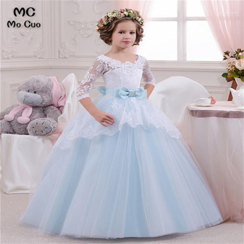 

2020 Lovely Ball first communion dresses for girls with 3/4 Sleeves Bow kids evening gown flower girl dresses for weddings1, Pink