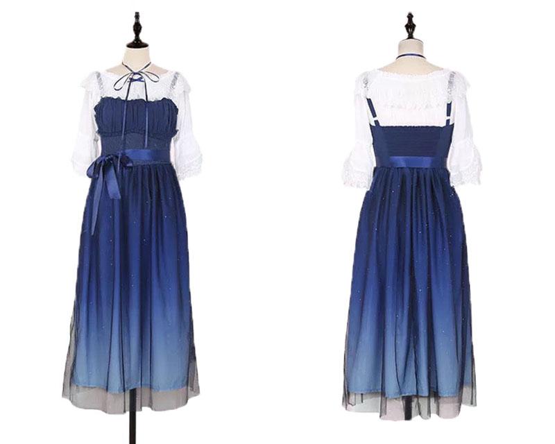 

Sweet Lolita Midi Sling Dress Gradient JSK Star Blue Girls Fancy Lace Ruched Pleated Dress Blouse Shirt 2 PCS For Women