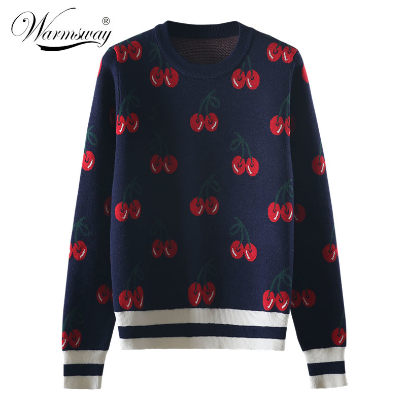 

New Fashion Women Autumn And Winter Cute Cherry Jacquard Sweater Pullovers Ladies Chic Long Sleeve Jumper Knitting Top C-426 201016, Beige