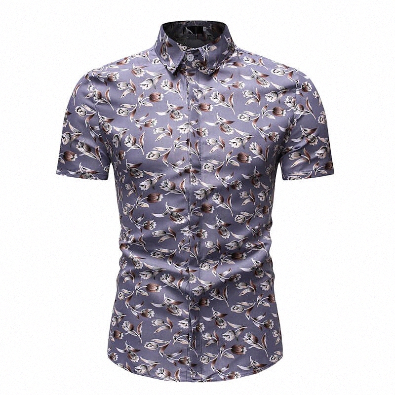 Men's Shirt Floral Graphic Classic Collar Athleisure Holiday Print Short Sleeve Tops Basic Streetwear Black Gray Navy Blue / Beach I6vV#