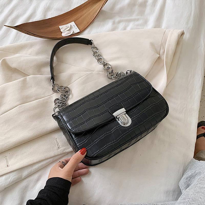 

Fashion Stone Pattern Pu Leather Crossbody Bag For Women With Silver Chain Casual Small Shoulder Travel Bag Lady Handbag 2021, Black