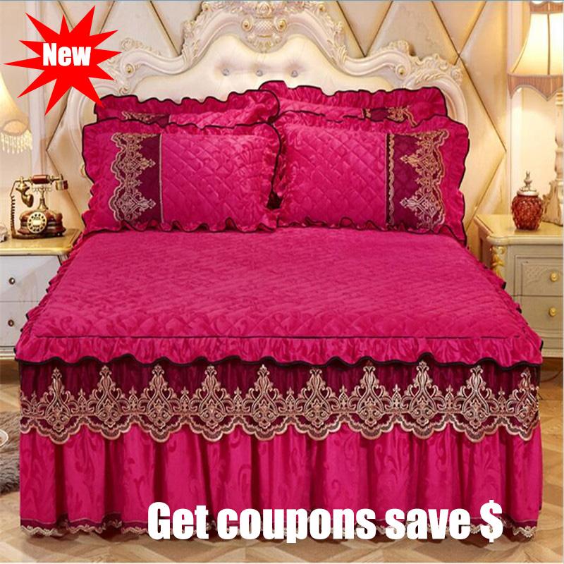 

Euro sytle crystal velvet fabric solid color bedskirt sets lace edge bedspreads 3pcs bedcover pilowcase sets quality bedding set
