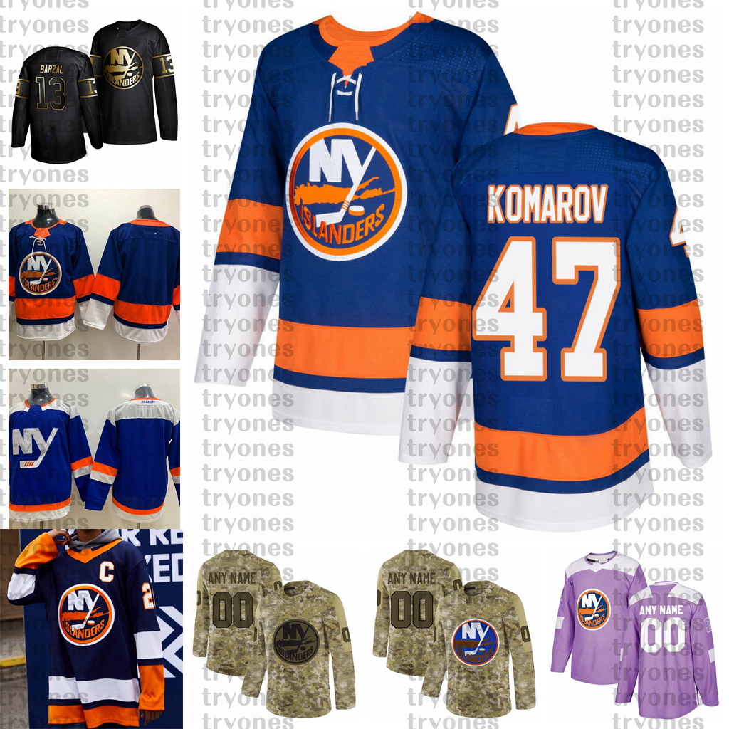 

2021 Customize #47 Leo Komarov New York Islanders Jerseys Golden Edition Camo Veterans Day Fights Cancer Custom Stitched Hockey Jerseys, Green