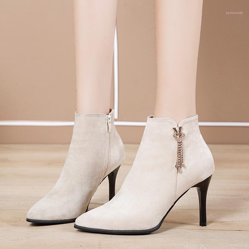 

Suede Pointed Toe Ankle Boots High Heels Women Sexy Stiletto Heel Short Boots Women booties Black Beige Female shoes 20201