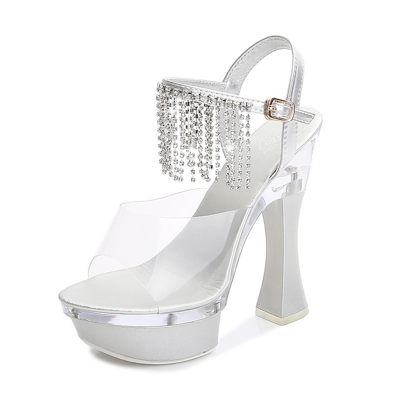 

2020 sexy female summer fashion transparent crystal sandals two high heels four inches platform luxury fetish party red shoes XLAM, Silver