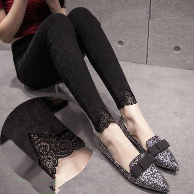 

Vintage black streetwear thin female jeans Shredded lace denibum lifting leggings fashion stretching pencils femlae pants, Black 1