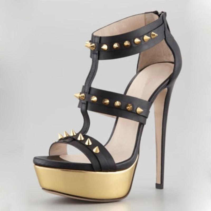 

Fashion Woman Golden Rivets Studded Super Heels Sandals Gladiator Peep Toe High Gold Platform Sandals Spiked Straps Party Shoes1, Black
