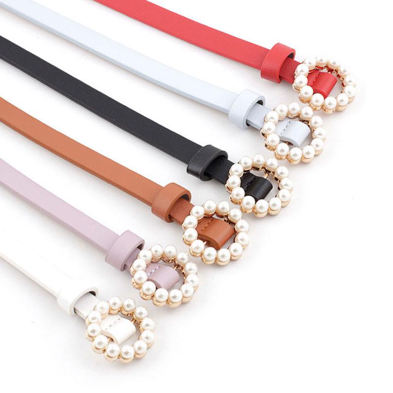 

Belts 2021 Pearl Decorative Belt Women O-Ring Pin Buckle For Dress Solid PU Leather Thin Jeans Waist, Pink