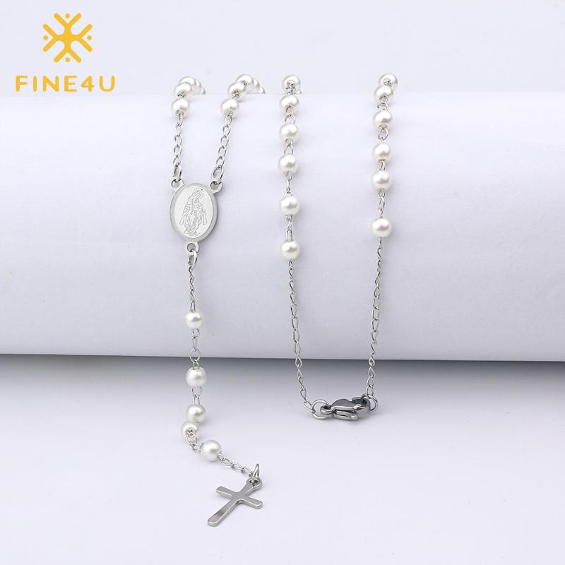 

FINE4U N421 Stainless Steel Cross Virgin Mary Pendant Necklace 4mm Rosary Pearls Beads Necklaces For Christian Jewelry