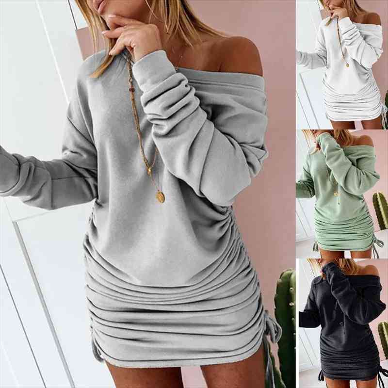 

Off Shoulder Ruffled Drawstring Sexy Robe Autumn Pure Women Long Sleeve Mini Pencil Dress Sweatshirt Streetwear Dresses Female, Black;gray