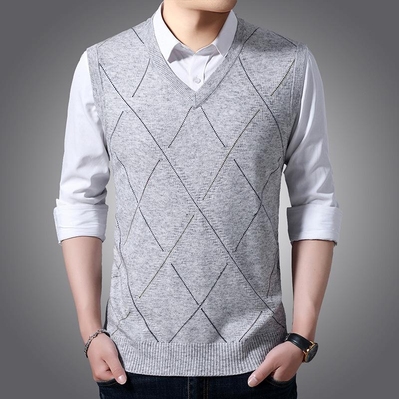 

Men's vest spring/autumn middle-aged men solid color jacquard wool vest V-neck mesh sleeveless knitted casual fashion, Gray