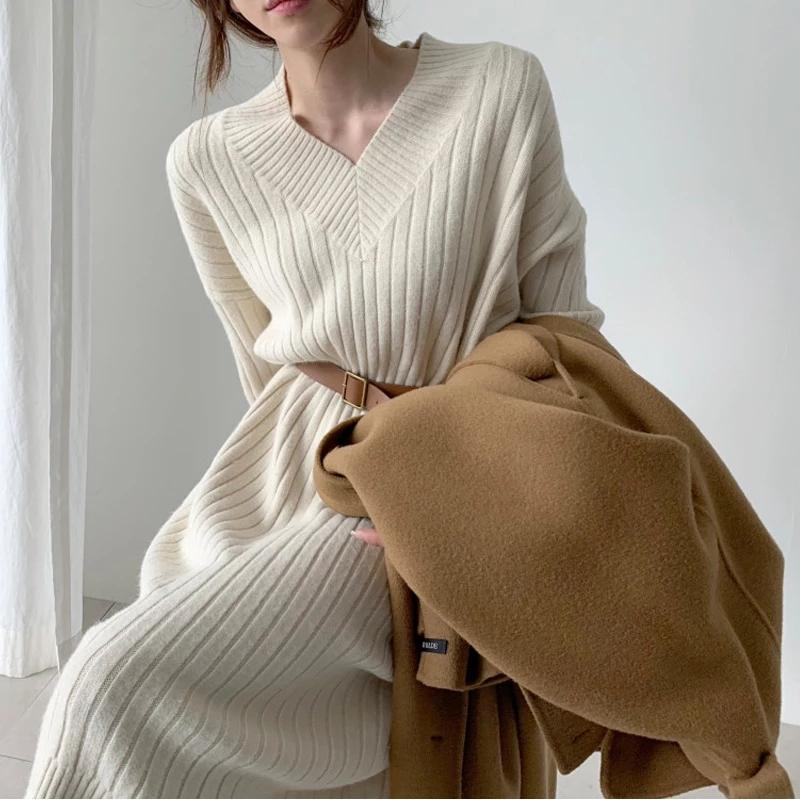 

2020 New Autumn Women Sweater Dress Winter Long Sleeve V-neck Sweaters Knitted Dresses Loose Maxi Oversize Knitting Robe Vestido, Apricot no belt