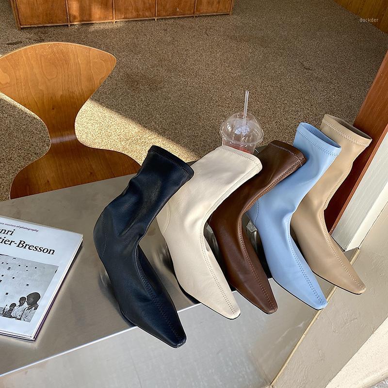 

Fashion Stretch Boots Square Toe Slip On Soft Leather Ankle Short Boots Woman 5 Colors Fashion Clear Mid Heels Sock 391, Beige