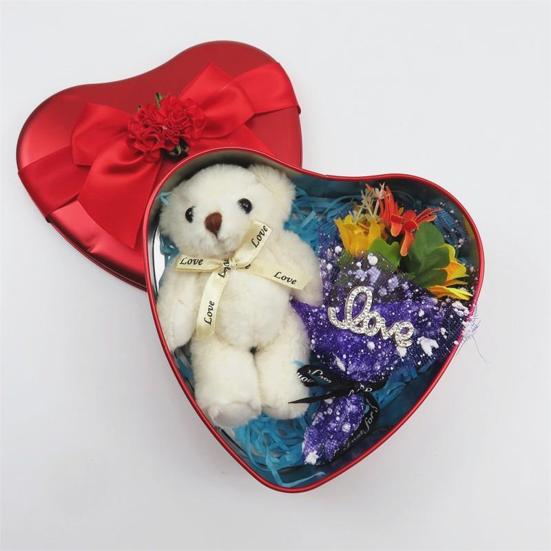 

Small artificial flowers with teddy bear plush gift box craft gifts home decoration Creative Valentine's Day Wedding gifts1, Red