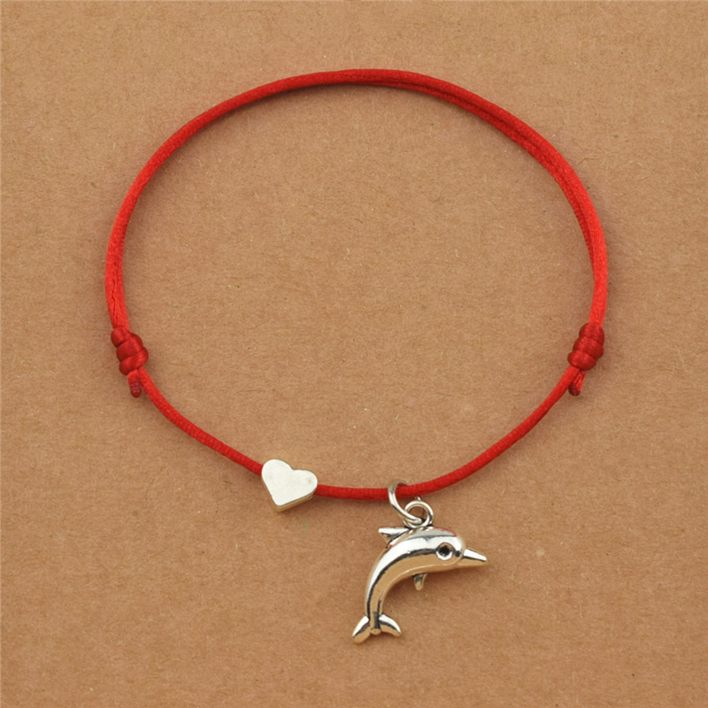 

Personality Sea Animal Dolphin Charm Heart Red String Cords Adjustable Bracelets for Women Men Best Friend Dolphin Jewelry Gifts