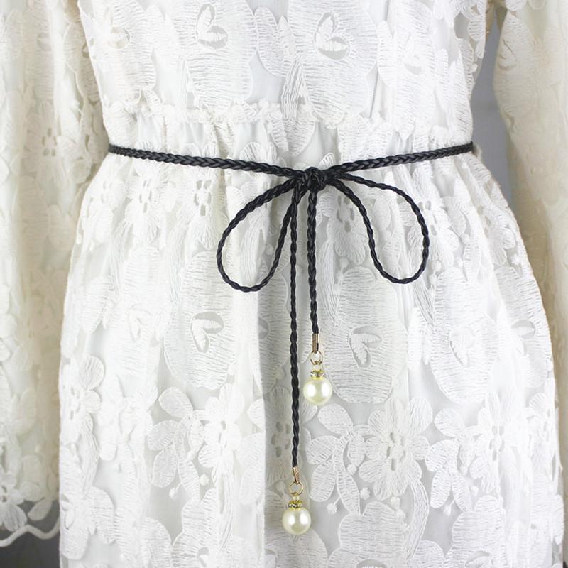 

women knitted tassel Twist weaving leatherbelt thin knot pearl waist rope braised fringed waist girdle for dresses string black, White