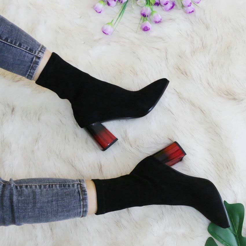 

Esveva 2021 pointed toe sexy high woman autumn heels fashion ankle elastic boots herd slide in women's shoes size 34-43, Black-short.