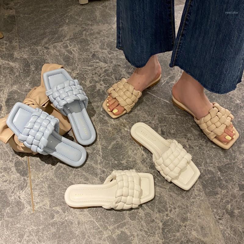 

KATELVADI 2020 Summer Shoes Beach Weave Slippers Fashion Square Toe Flat Shoes Sandals MX-0011, As photo
