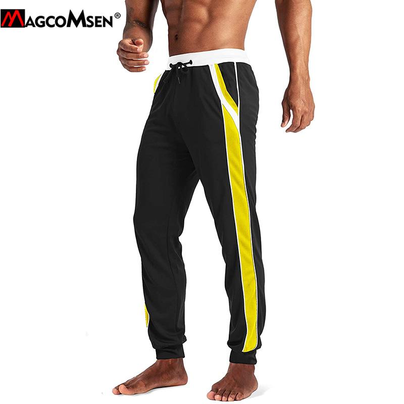 

MAGCOMSEN Casual Pants Men's Trousers Gyms Workout Sweatpants Male Sportswear Trousers Fashion Side Stripe Joggers Track Pants, Black yellow