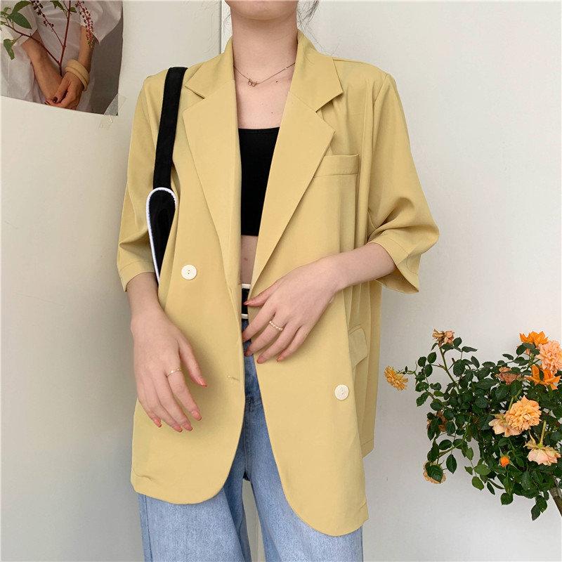 

2021 Tops All Match Thin Brief Sunscreen Coats Women Short Sleeves Solid Minimalist Summer Loose Office Lady Blazers, Black