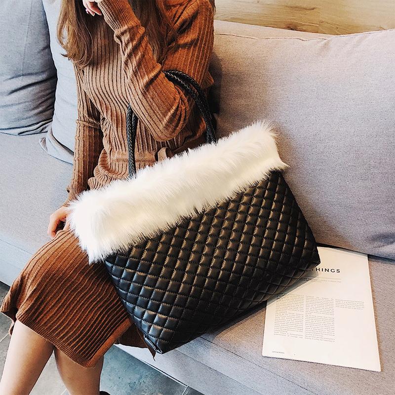 

Mododiino Thread Handbag Faux Fur Women Bag Large Capacity Women's Tote Purse Diamond Lattice Shoulder Bag Women Handbag DNV1245, Black