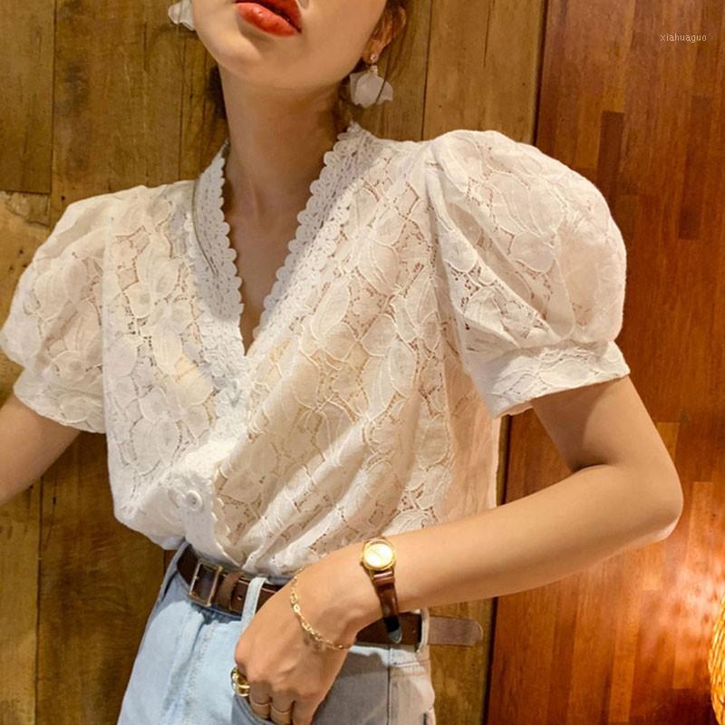 

Women' Blouses & Shirts White Vintage Summer Tops Women Short Sleeve Hollow Out Shirt Female Retro Perspective Lace Blouse1, As pic