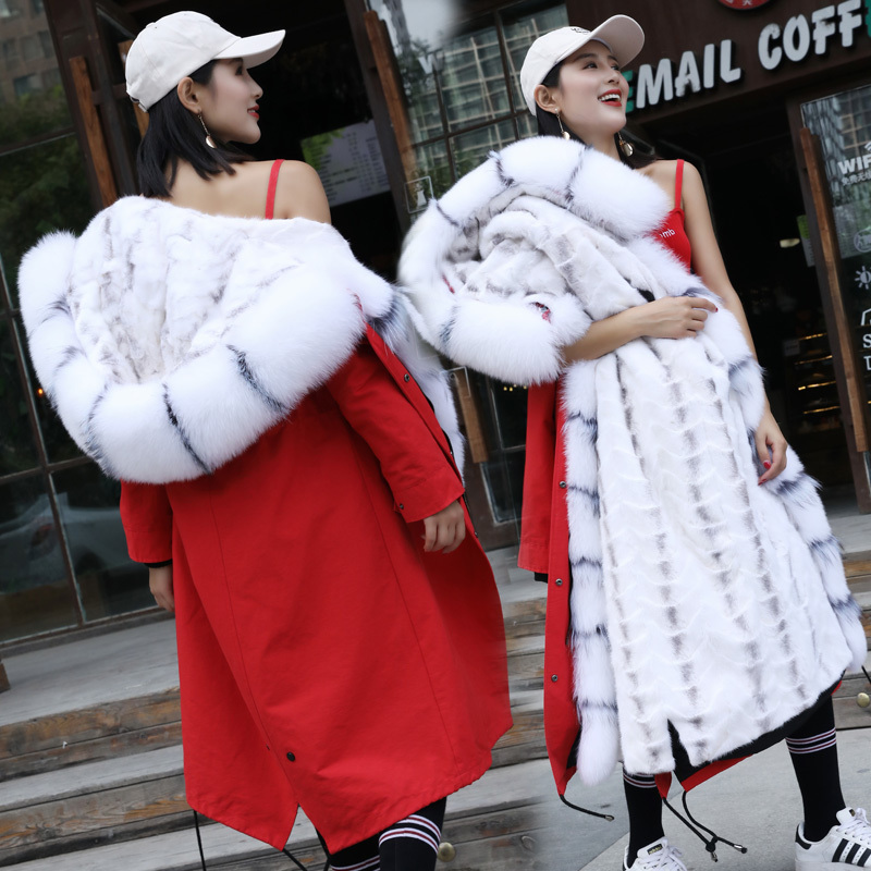 

Parka Female Women Long Zipper Real Skin Mink Cord Lining Jacket Hood with Fox Fur Collar Outerwear Cnc4, The picture