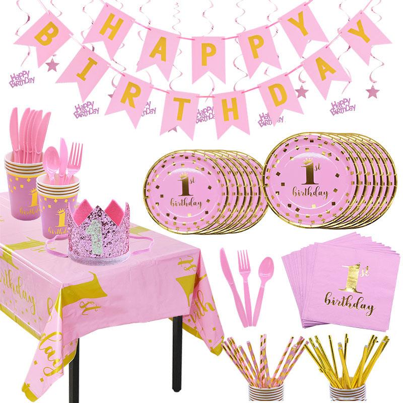 

First Happy Birthday Disposable Tableware Set Pink Blue Plate Straws Napkins Cup for Baby Shower 1 Year Old Birthday Party Decor
