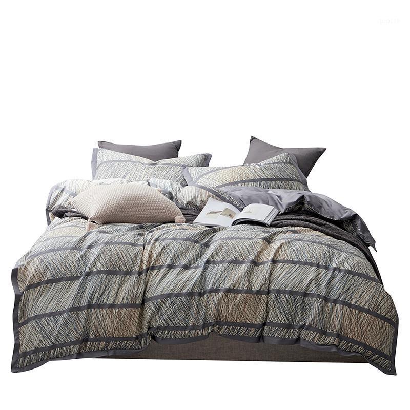 

simple stripes duvet cover set 4pcs 100% egyptian cotton bed sheets grey bedspread 60s sateen parure de lit 2 personnes King1