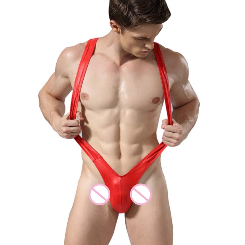 

3Pieces/Lot Solid Faux Leather Mens Bodysuit One Piece Sexy Jockstrap Underwear Wrestling Singlets Leotard Jumpsuit Costume, Black