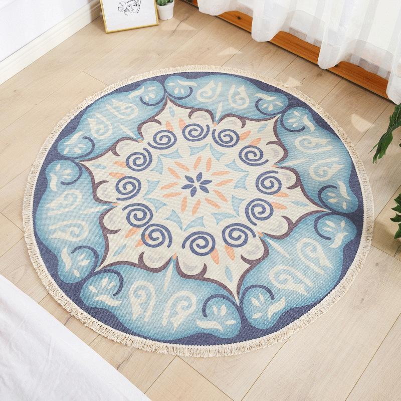 

Retro Natural Cotton Linen Round Non-slip Home Computer Chair Cushion Thin Carpet For Bedroom Bedside Tassel Floor Mat Decor1, 006