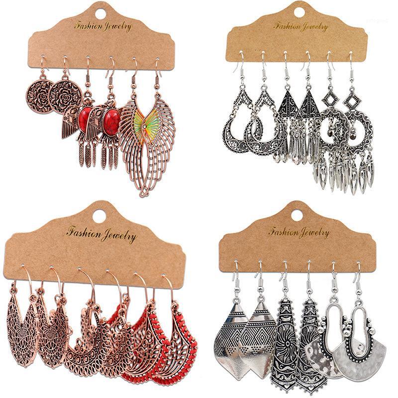 

Dangle & Chandelier 3 Pairs/set Vintage Earrings Set Bohemian Ethnic Retro Antique Copper Alloy Hollow Geometric For Women1