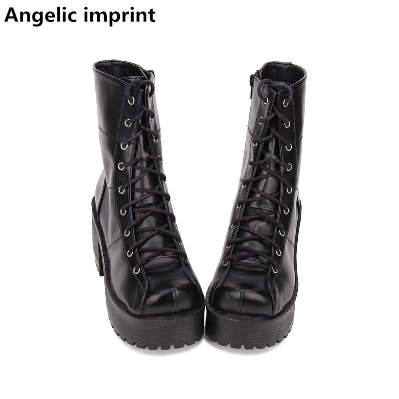 

Angelic imprint new mori girl Women punk motorcycle boots lady lolita ankle Boots woman high trifle heels pumps shoes 8cm 35-40, Black