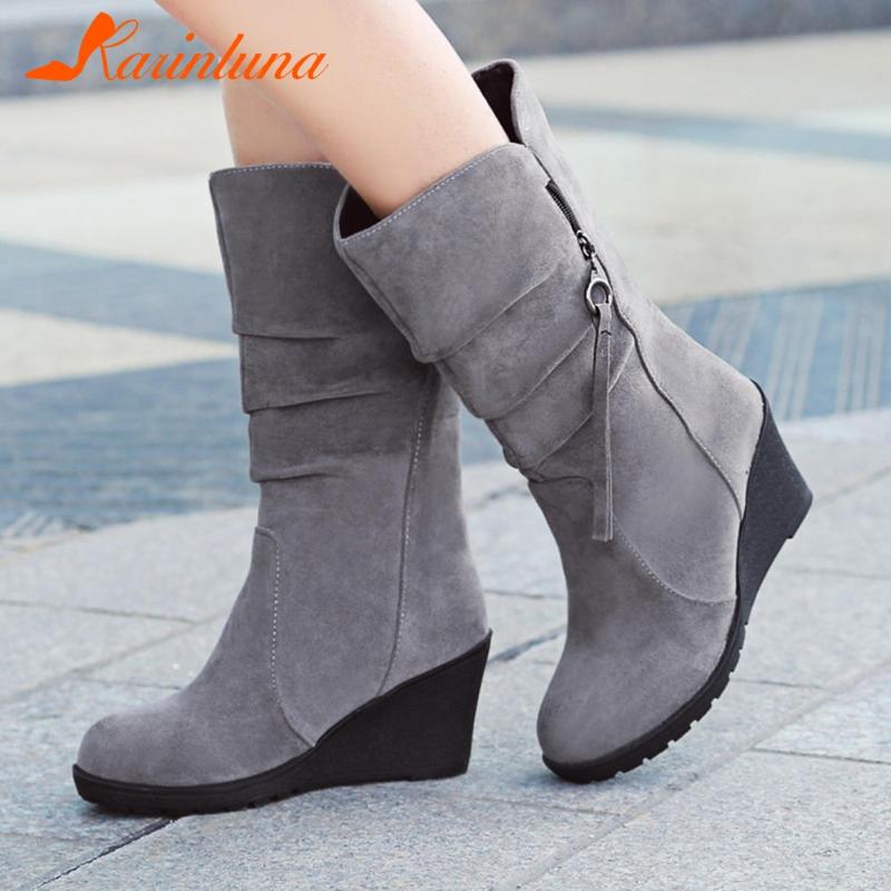 

Drop Shipping mid-calf Boots Wedges Heels Round Toe Flock Qutumn Winter Booties Pleated Solid Big Size 44, Wine red