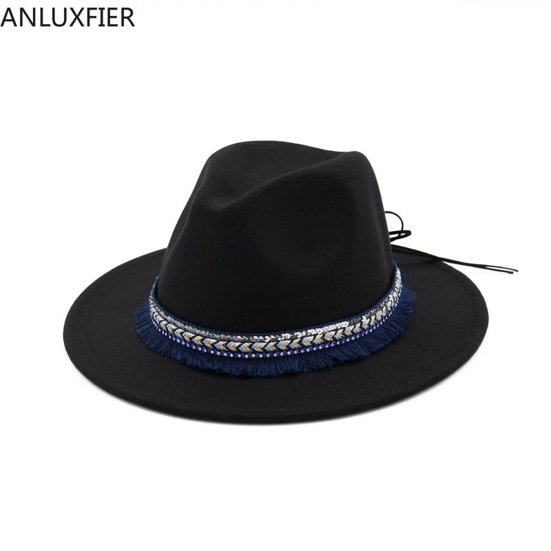 

H7549 Autumn Winter Woolen Fedoras Hat Female National Style Ribbon Bowknot Wool Felt Cap Women Fashion Simple Jazz Casual Hats, Black