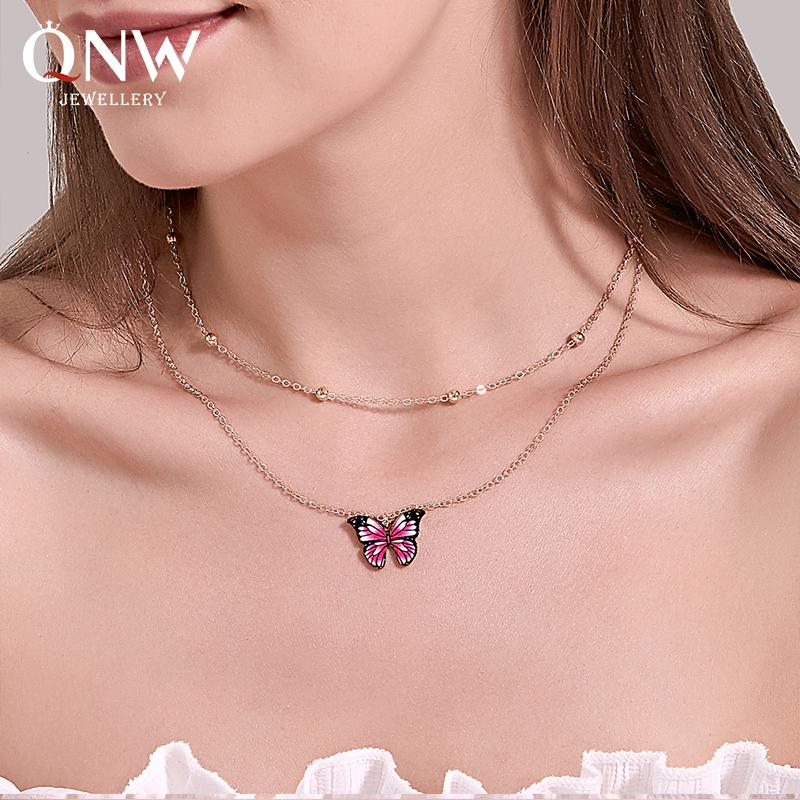 

New Fashion Cross Border Classic Double Layer Butterfly Dreamy Color Trend Women Accessories Necklace