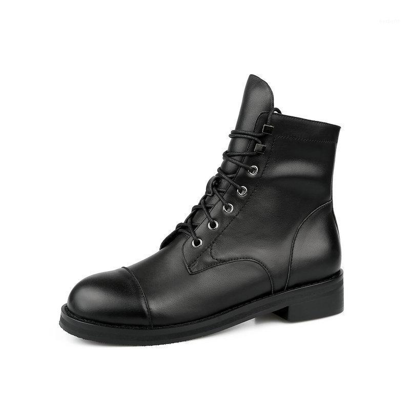 

Genuine Leather low Heels Women Ankle Boots Shoes Woman Autumn Winter Round Toe Cross-tied Motocycle Boots size 41 42 431, Beige