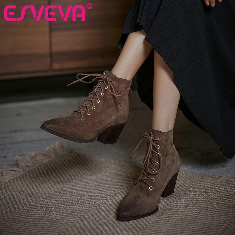 

ESVEVA 2021 Lace Up Cow Leather+PU Ankle Boots Autumn Winter Pointed Toe Ladies Fashion Square High Heel Women Shoes Size 34-42, Black