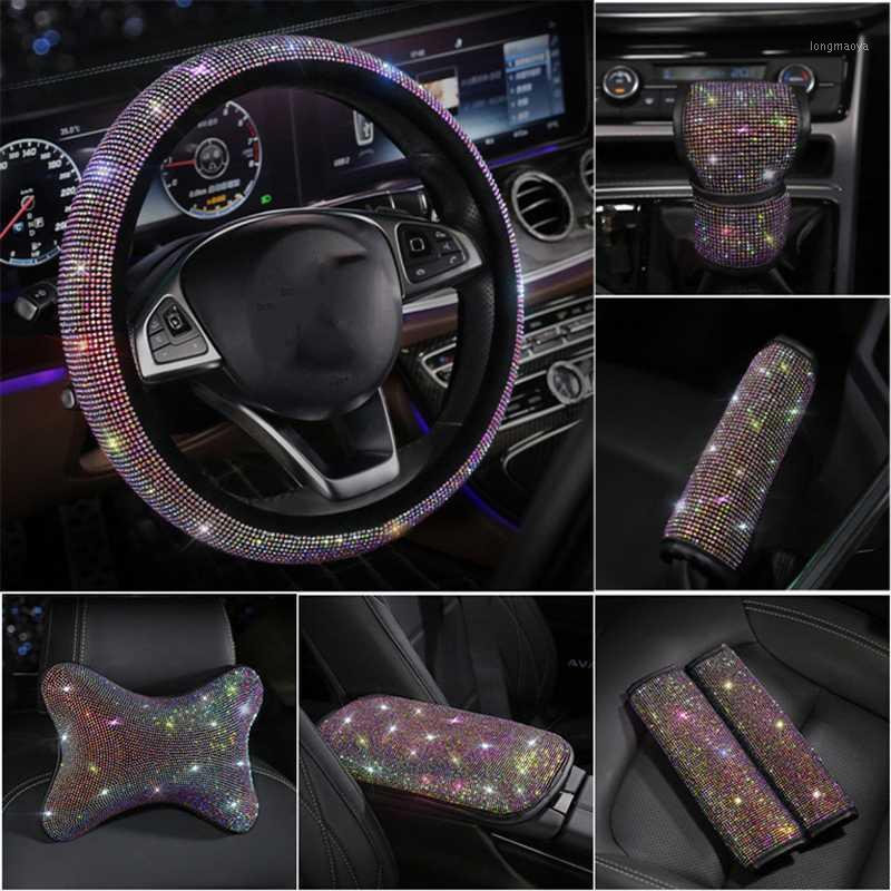 

Full Rhinestones Car Steering Wheel Cover Set Diamond Headrest Neck Pillow Seatbelt Gear Armrest Cover For Girls Accessories1