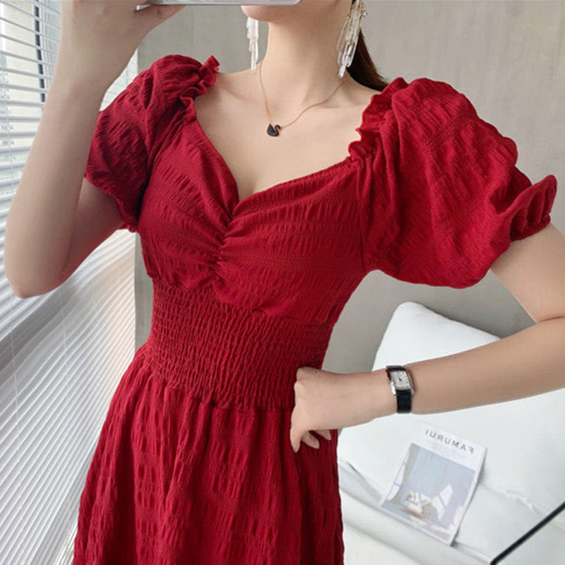 

2021 New Women's Summer Short Solid Ladies Sexy Fashion Deep Calf's Mid Fine Vintage Dress 4DC1, Black