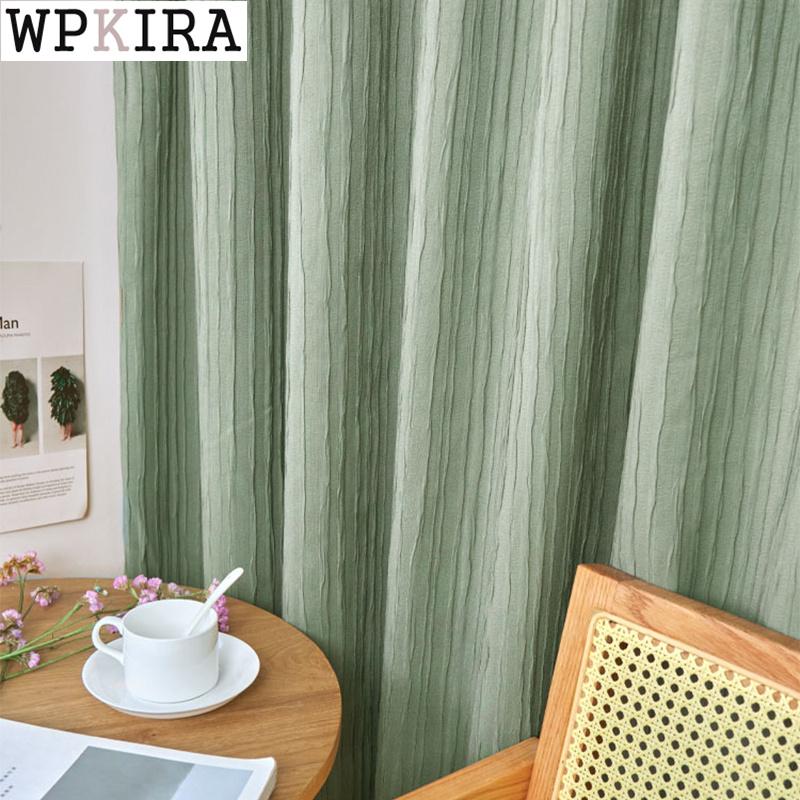 

Curtain Matcha Green Nordic for Living Room Solid Stripe Curtain for Bedroom Window Drape Blackout Matte Fabric Custom S281#40, White tulle