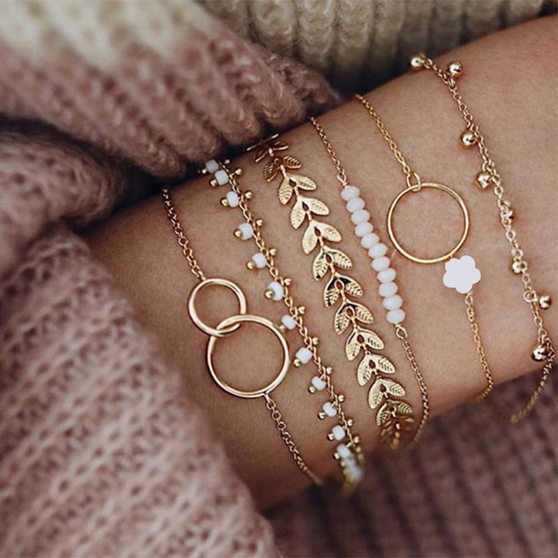 

New Fashion Bohemian Gold Tassel Bracelets For Women Boho Jewelry Geometric Leaves Beads Layered Chain Charm Bracelet Set 2021
