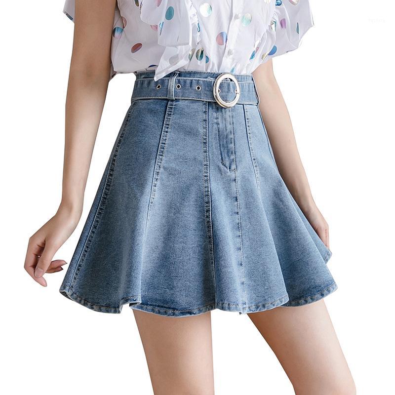 

2020 Korean Style Womens Summer High Waisted Pleated A Linen Mini Denim Skirt , Stretchy Casual Jeans Skirts for Woman1, As pic